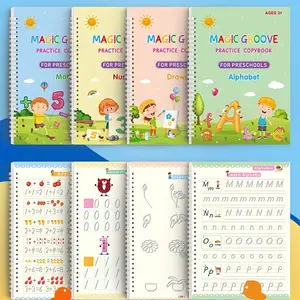 Magic Grooved Practice Copybook 4 Pc Large Reusable Handwriting Practice Scribe Book Set for Kids Ages 3-5 Preschool Calligraphy Learning Number Letter Tracing Books